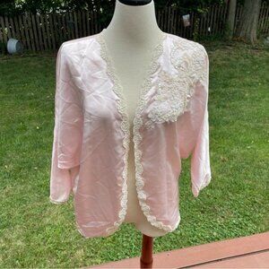 Vintage Victorias Secret Light Pink Lace Trim Satin Kimono-Style Robe